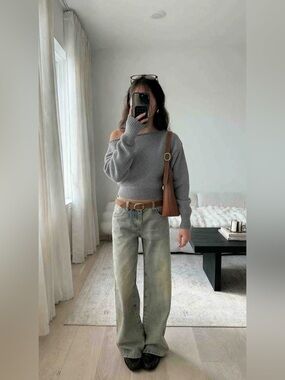 Abercrombie & Fitch Boucle Grey Off Shoulder Sweater Ribbed Cuffs XS Oversized